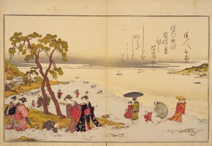 喜多川歌麿 作 蔦屋版の狂歌絵本『潮干のつと』、寛政元（1789）、耕書堂蔦屋重三郎、国立国会図書館デジタルコレクション https://dl.ndl.go.jp/pid/1288344
36人の狂歌師が歌を寄せた。「潮干のつと」は潮干狩りのみやげという意味。